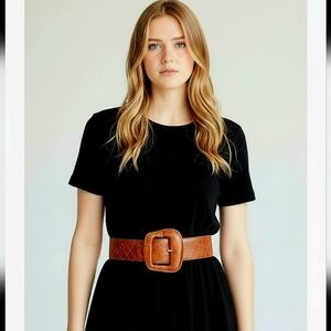 Vintage Alligator Embossed Leather Belt – Wide Brown Statement Buckle. Small